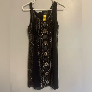 Adrianna Papell Black and Silver Embellished Sheath Midi Dress L